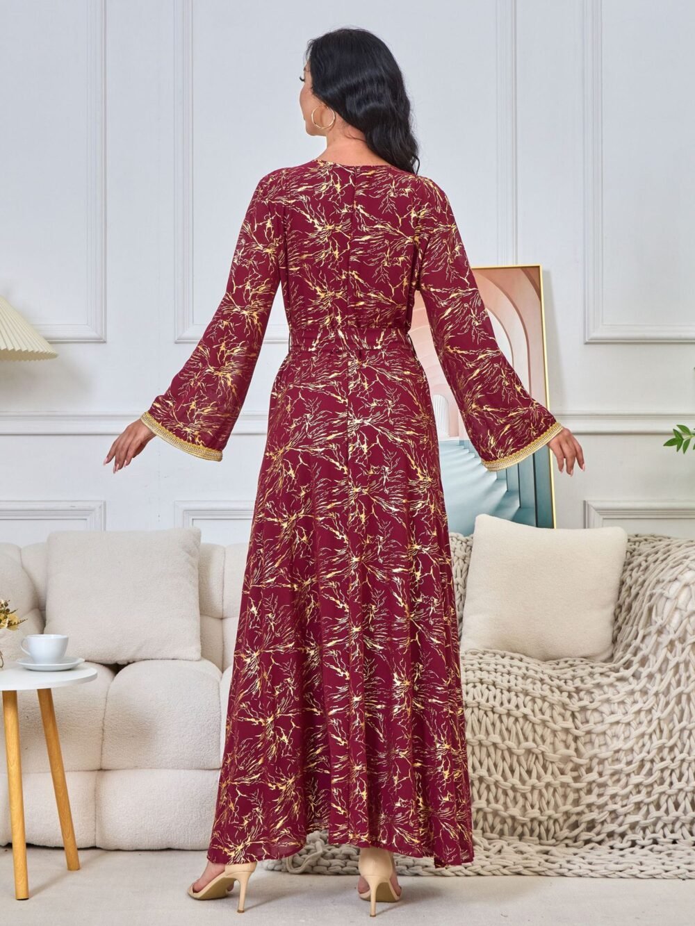 Gold Foil Pattern Bell Sleeve Muslim Caftan Dress