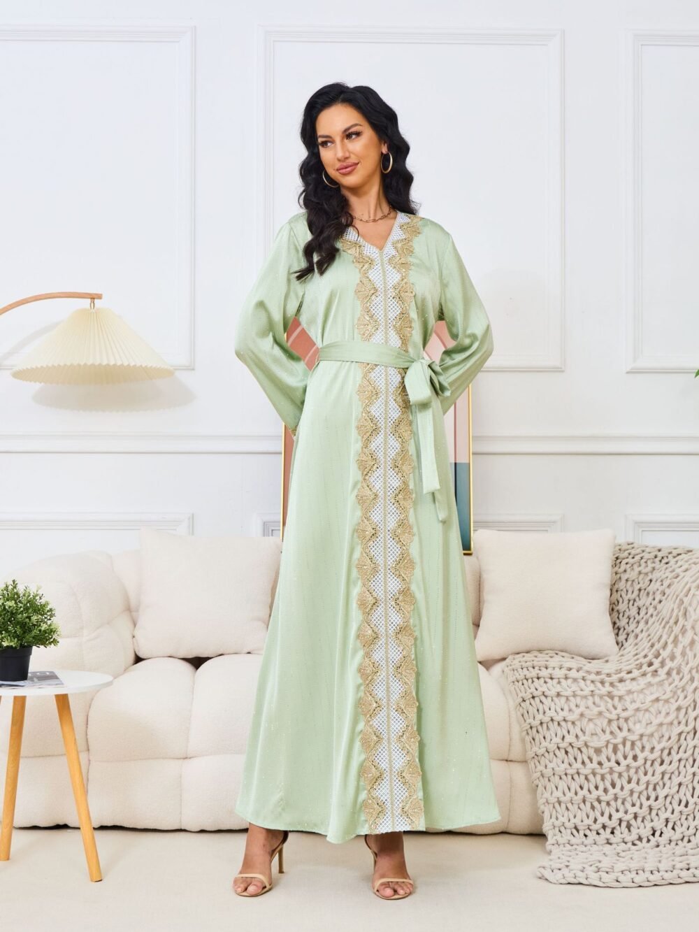 Beaded Embroidery Green Belted Kaftan Dress