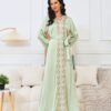 Beaded Embroidery Green Belted Kaftan Dress