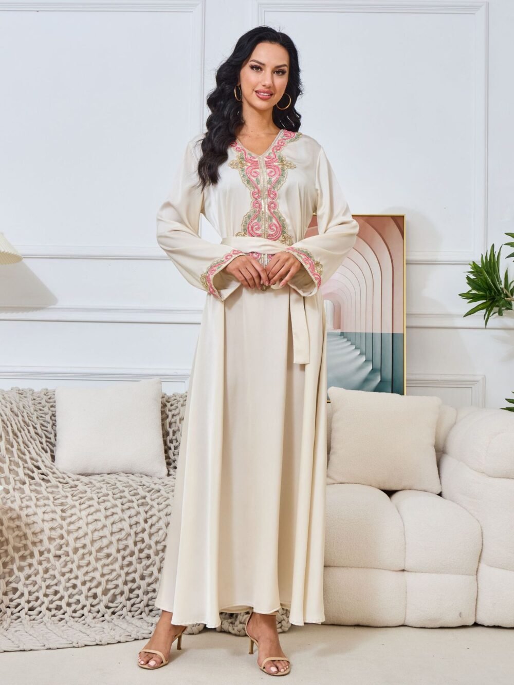 Beaded Embroidered Belted Kaftan Dress