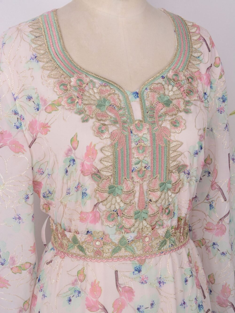 Round Neckline Floral Embroidered Kaftan Dress