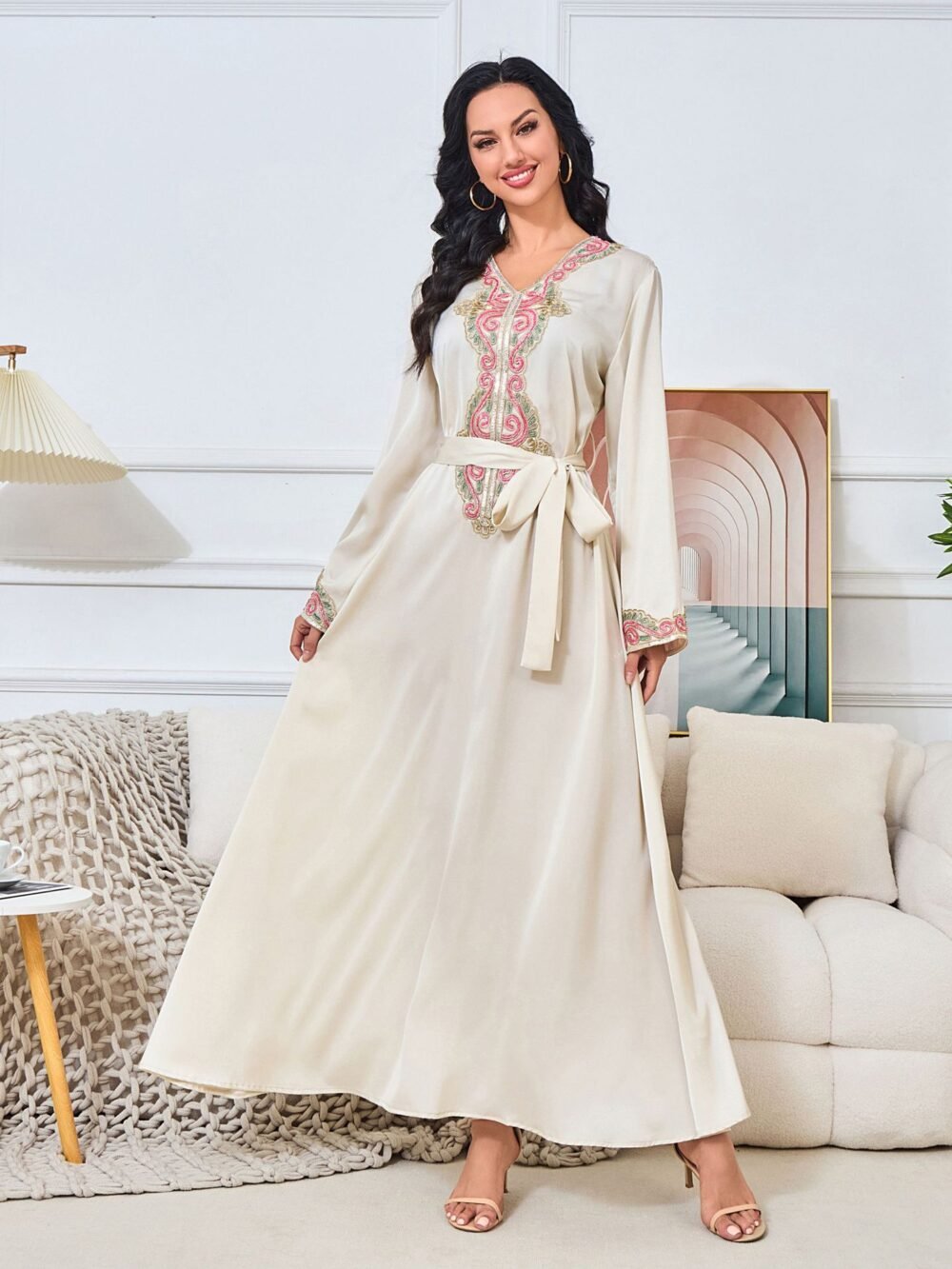 Beaded Embroidered Belted Kaftan Dress