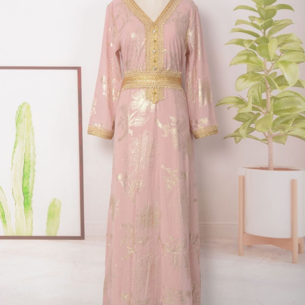 Gold Foil Belted Kaftan Dress