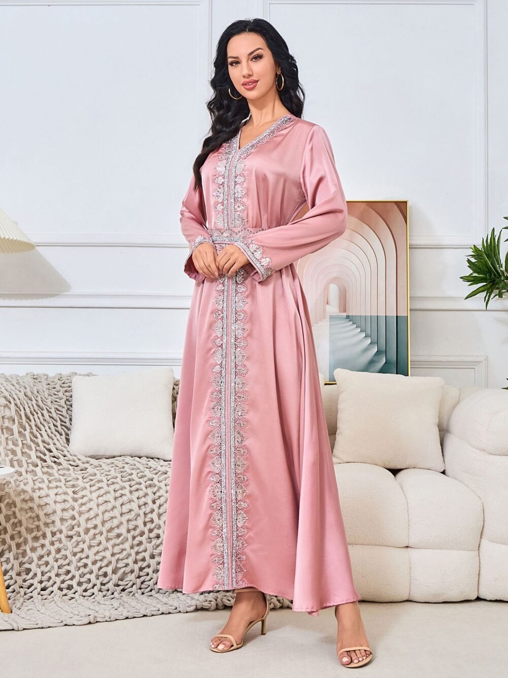 V Neckline Embellishment Pink Belted Kaftan Dress