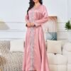 V Neckline Embellishment Pink Belted Kaftan Dress