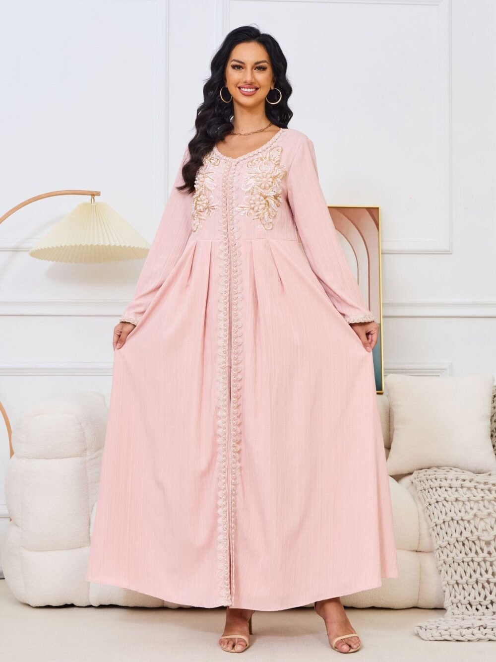 Pearl Decor Beads Embroidered Pink Kaftan Dress