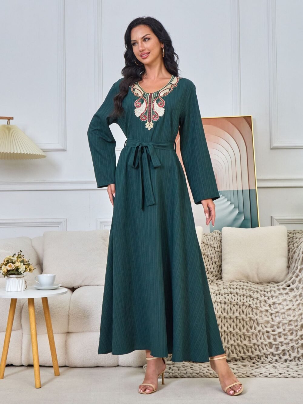 Floral Embroidered Muslim Belted Green Caftan Dress