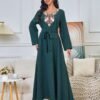 Floral Embroidered Muslim Belted Green Caftan Dress