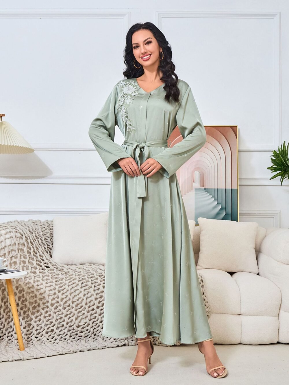 Rhinestone Beaded Embroidered Green Closed Abaya With Belt