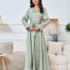 Rhinestone Beaded Embroidered Green Closed Abaya With Belt