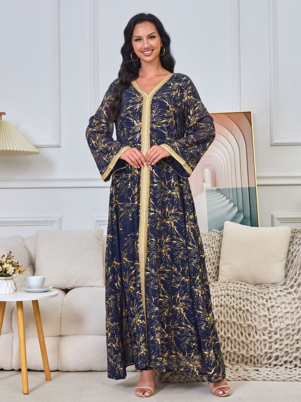 Gold Foil Pattern Bell Sleeve Muslim Caftan Dress