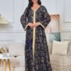 Gold Foil Pattern Bell Sleeve Muslim Caftan Dress