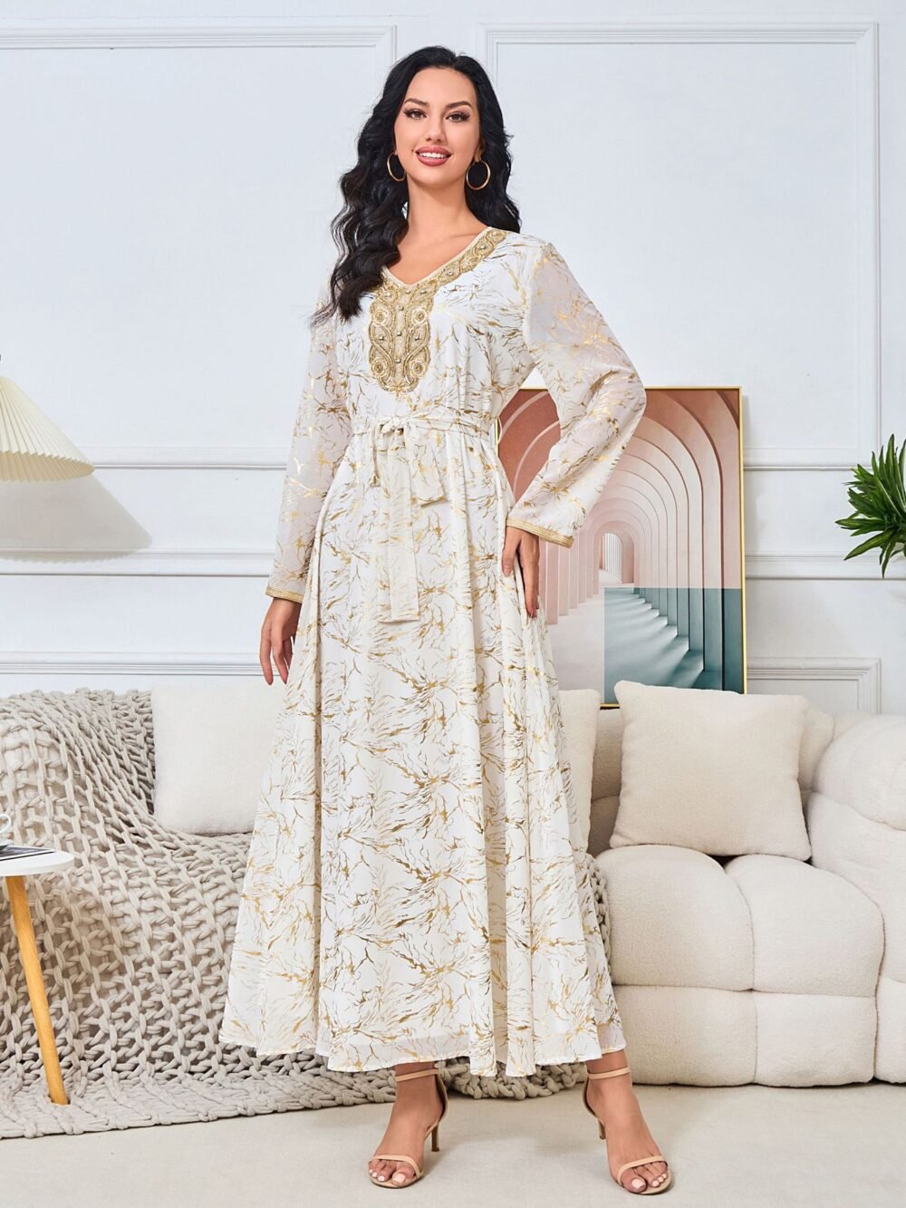 Gold Foil Diamond Embroidered Kaftan Dress