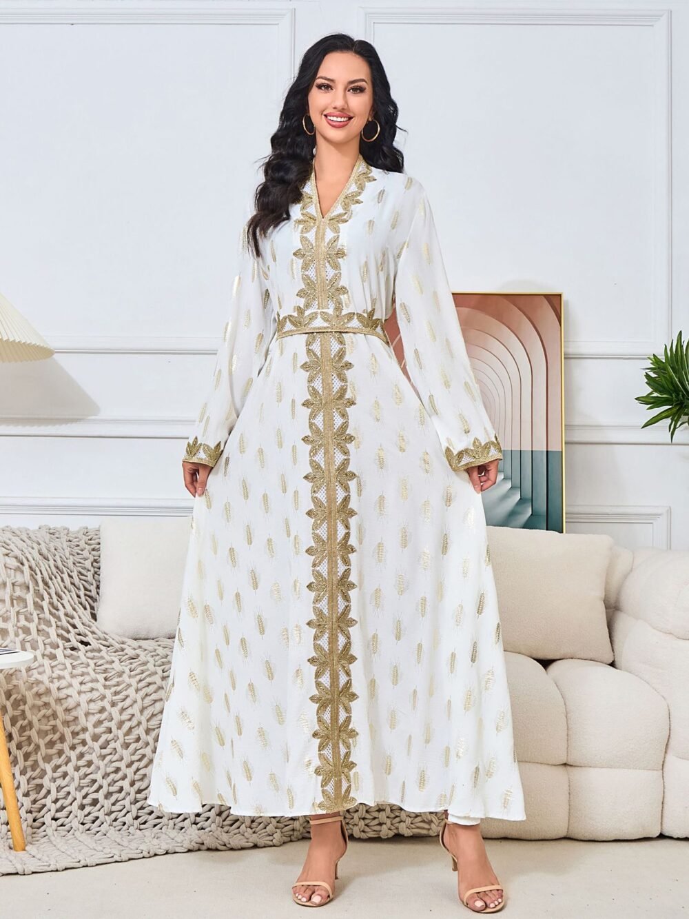 Gold Foil Trim Embellishment Muslim Kaftan Dress