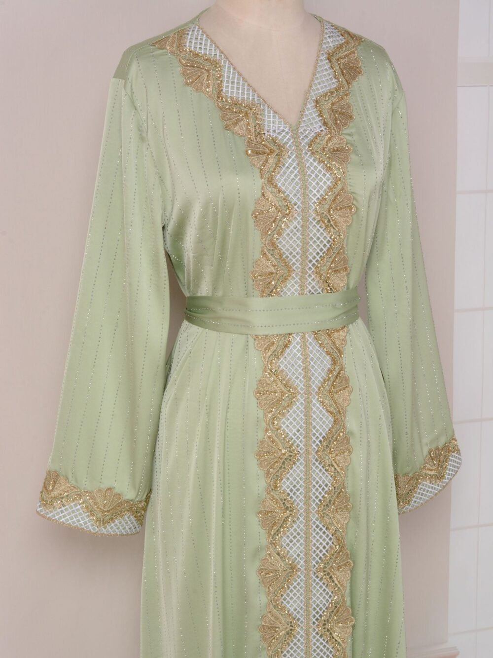 Beaded Embroidery Green Belted Kaftan Dress