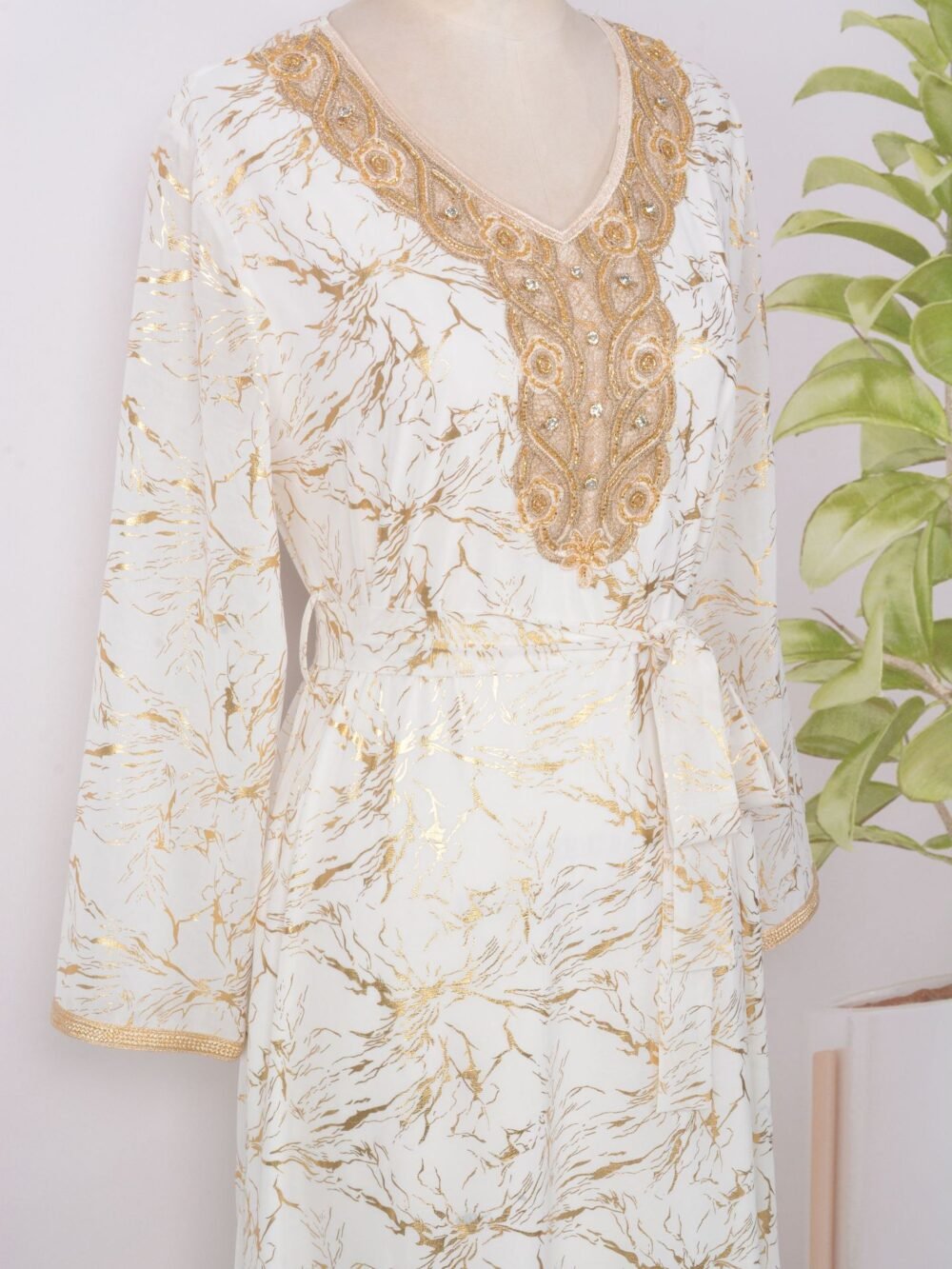 Gold Foil Diamond Embroidered Kaftan Dress