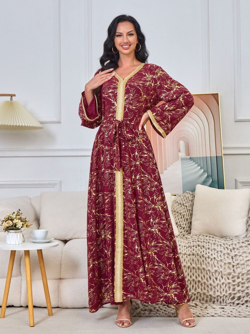 Gold Foil Pattern Bell Sleeve Muslim Caftan Dress