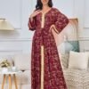 Gold Foil Pattern Bell Sleeve Muslim Caftan Dress