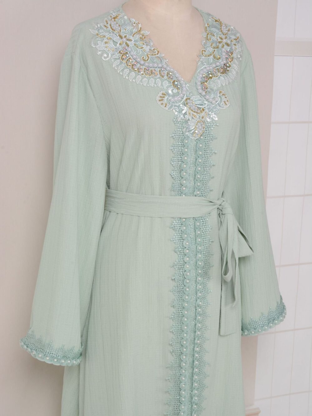 Pearl Decor Beads Embroidered Mint Green Kaftan Dress