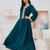 Lace Up embellishment Dark Green Muslim Abaya Dress