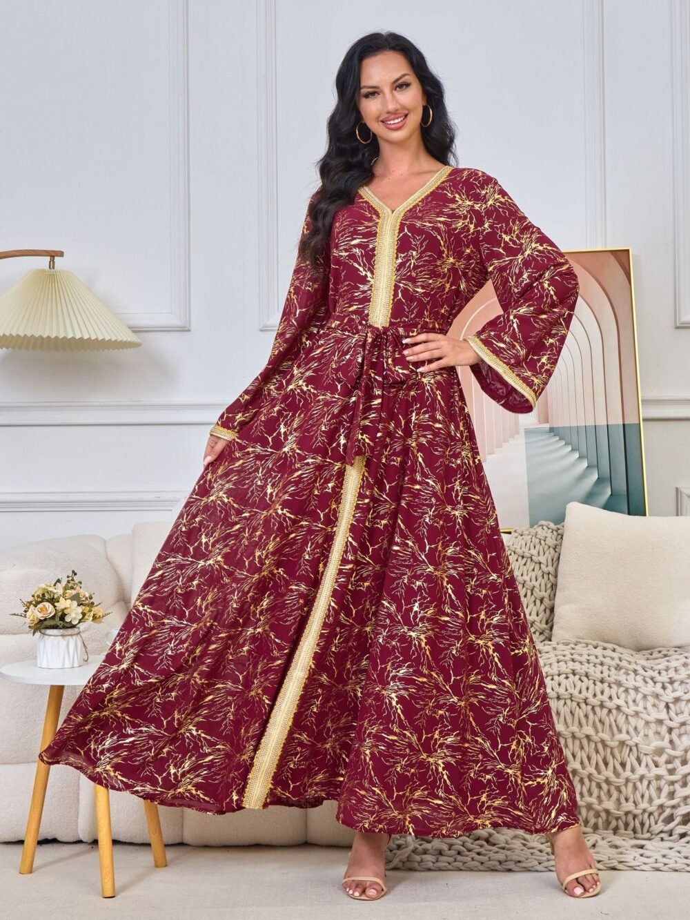 Gold Foil Pattern Bell Sleeve Muslim Caftan Dress