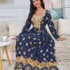 V Neckline Beaded Embroidered Women Blue Caftan Party Dress With Belt