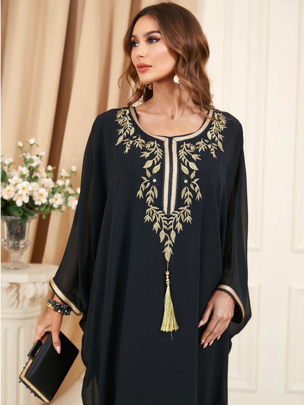 Tassel Decor Embroidered Black Chiffon Katan