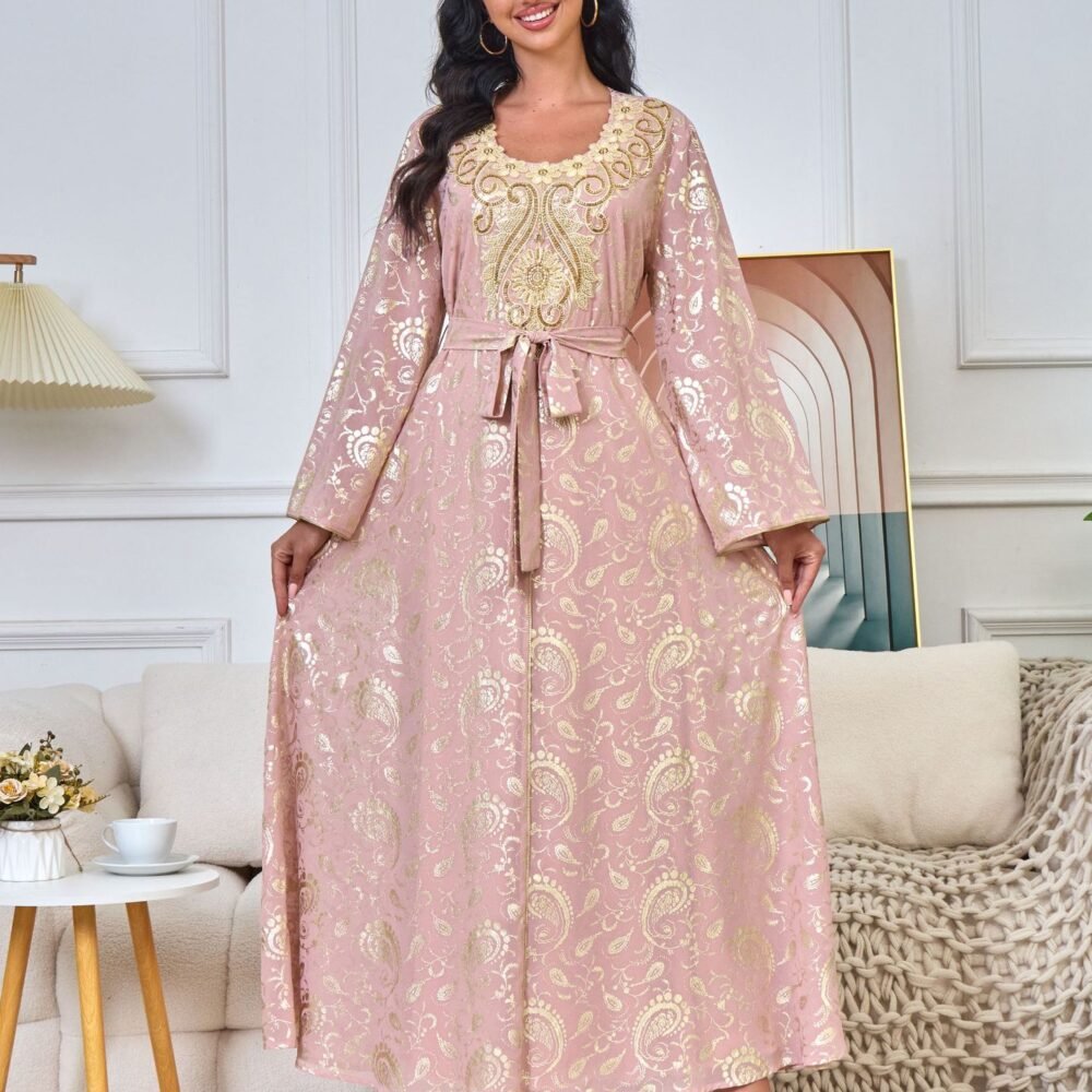 Gold Foil Embroidered Islamic Dress Muslim Pink Caftan