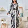 Zebra Stripe Metallic Fringe Belted Muslim Printed Kaftan dress