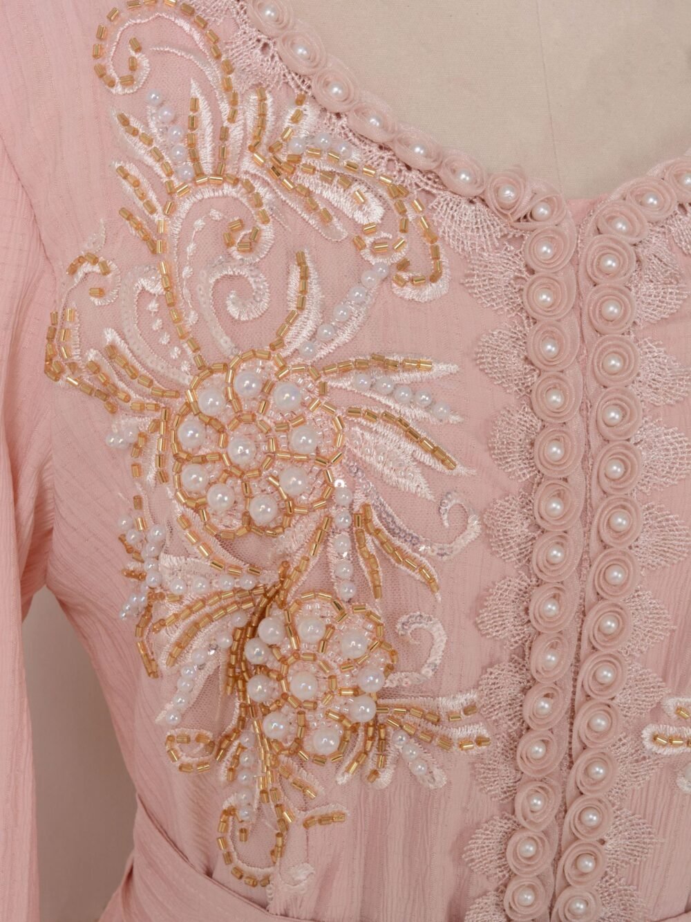 Pearl Decor Beads Embroidered Pink Kaftan Dress