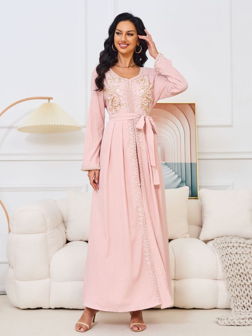 Pearl Decor Beads Embroidered Pink Kaftan Dress