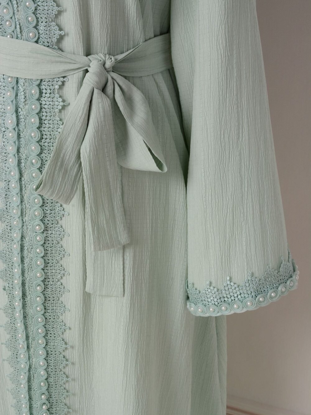 Pearl Decor Beads Embroidered Mint Green Kaftan Dress