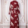 V Neckline Maroon Embroidered Muslim Abaya Dress