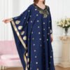 Gold Foil Long Sleeve Blue Sequin Cotton Kaftan Robe