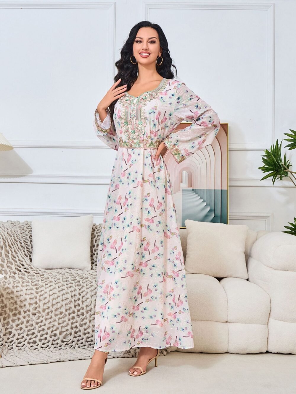 Round Neckline Floral Embroidered Kaftan Dress