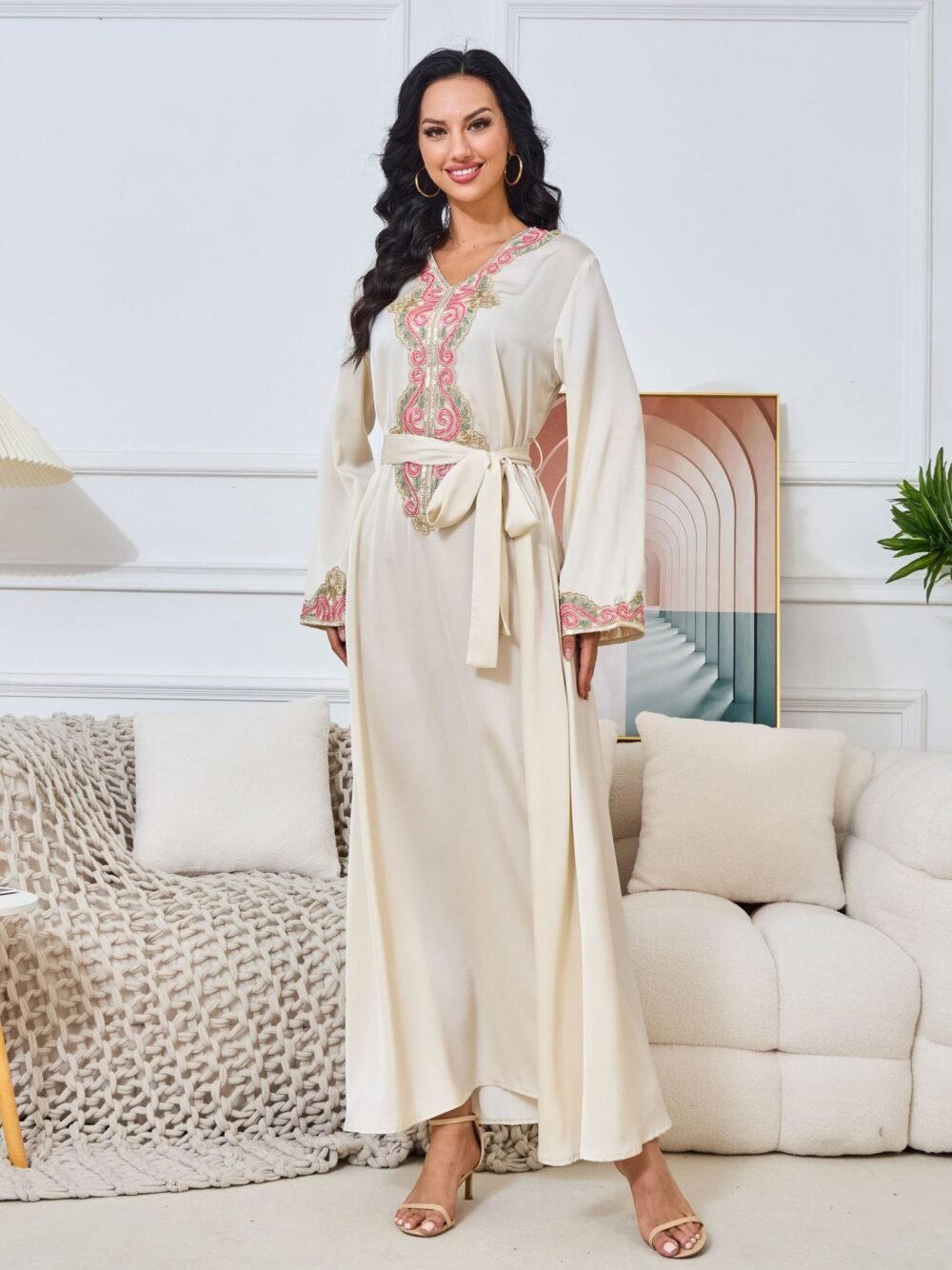 Beaded Embroidered Belted Kaftan Dress