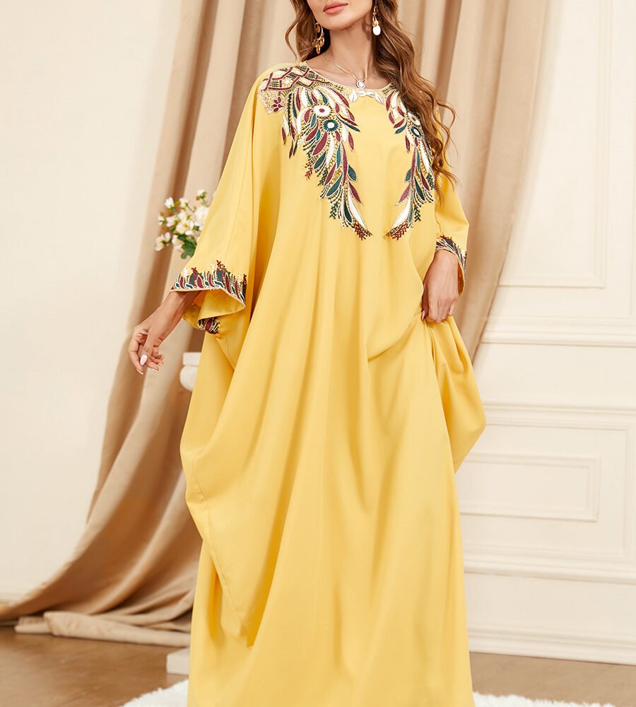 Plus Size Embroidered Batwing Sleeve Yellow Kaftan