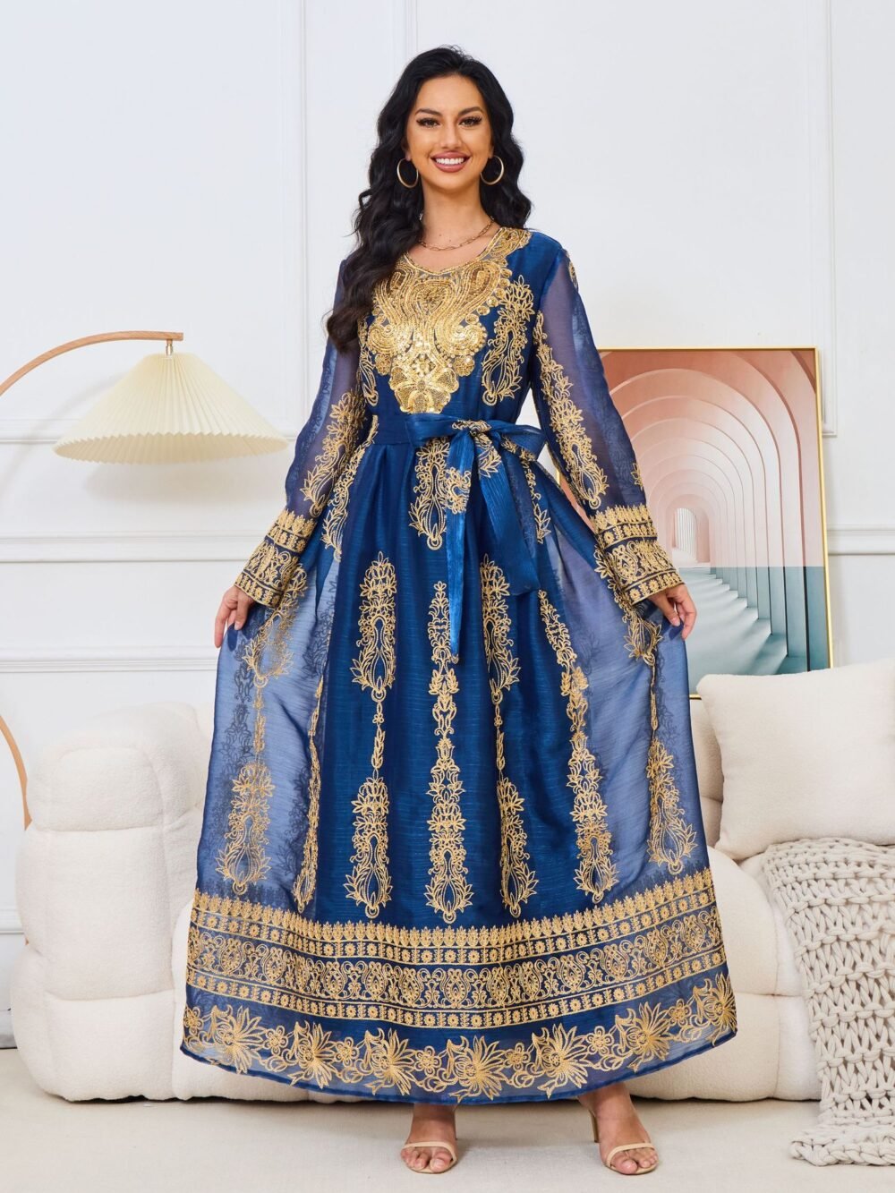 Beaded Embroidered Blue Kaftan Dress