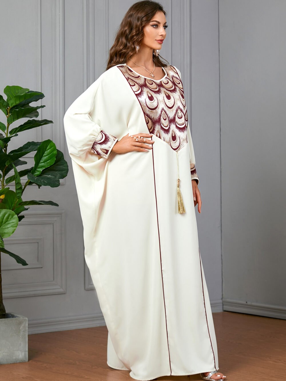 Jacquard Tassel White Muslim Women White Kaftan