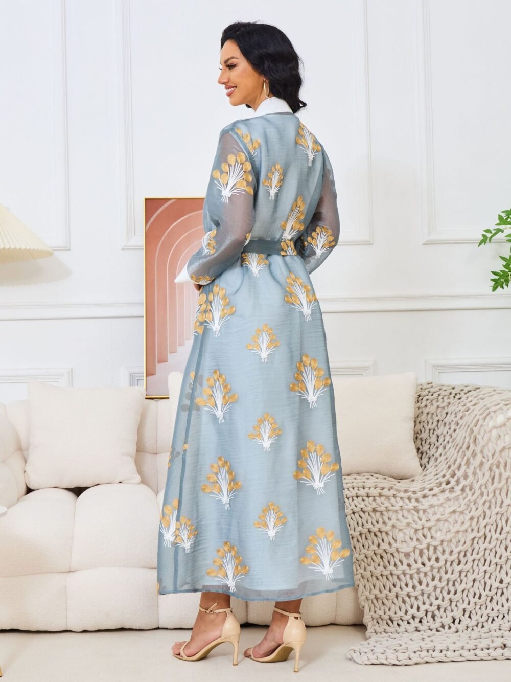 2 Pieces Set Beaded Embroidery Belted Abaya Dress