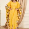 Batwing Sleeve Printed Floral Yellow Muslim Kaftan