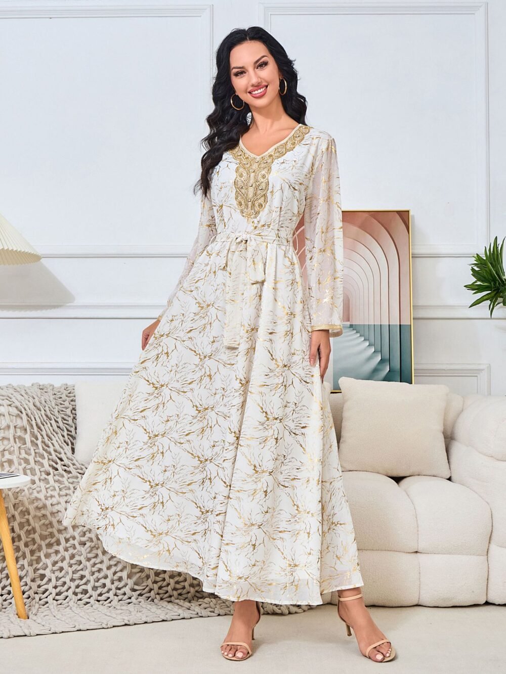 Gold Foil Diamond Embroidered Kaftan Dress