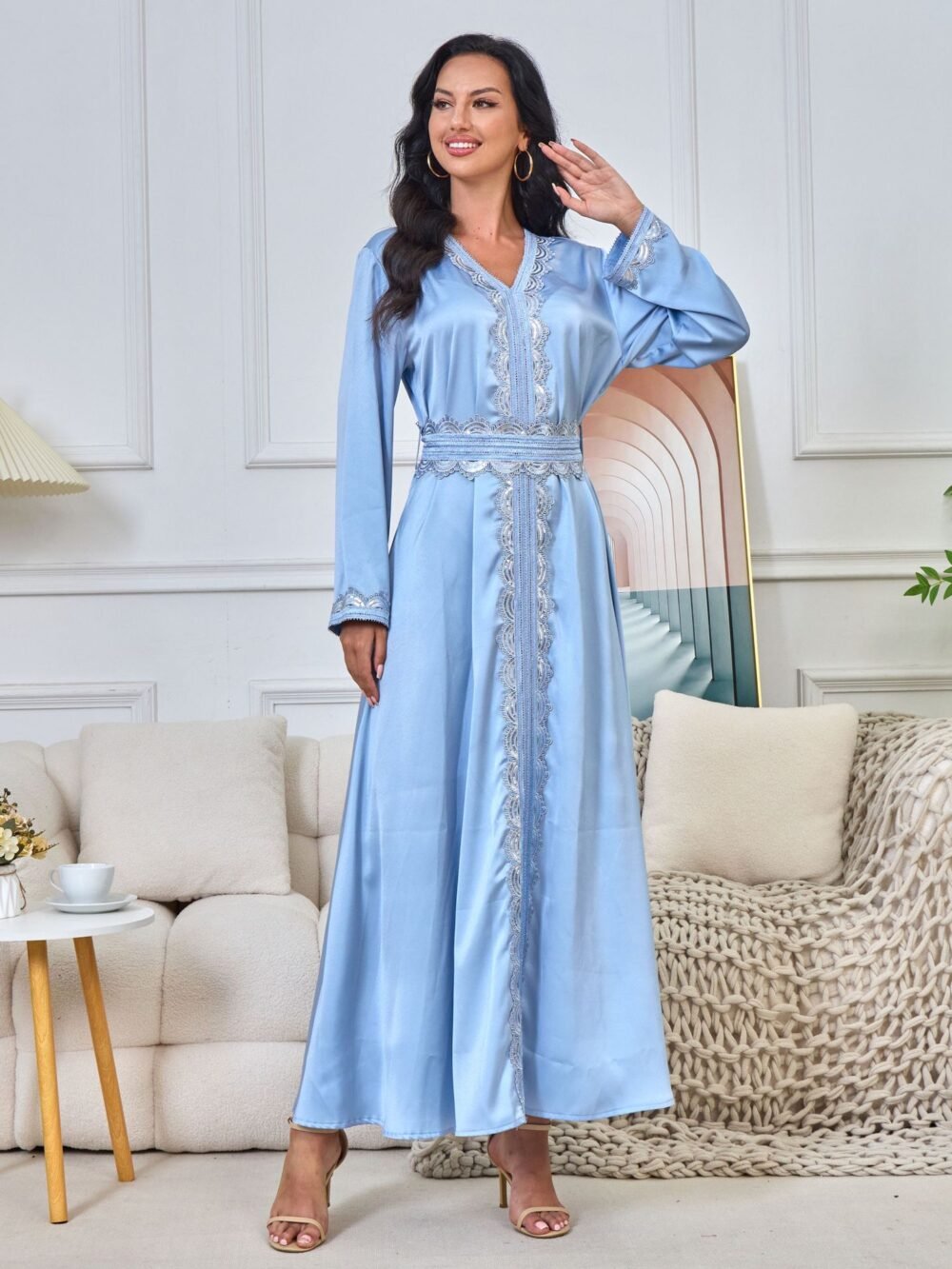 Trim Decor Muslim Blue Caftan Dress