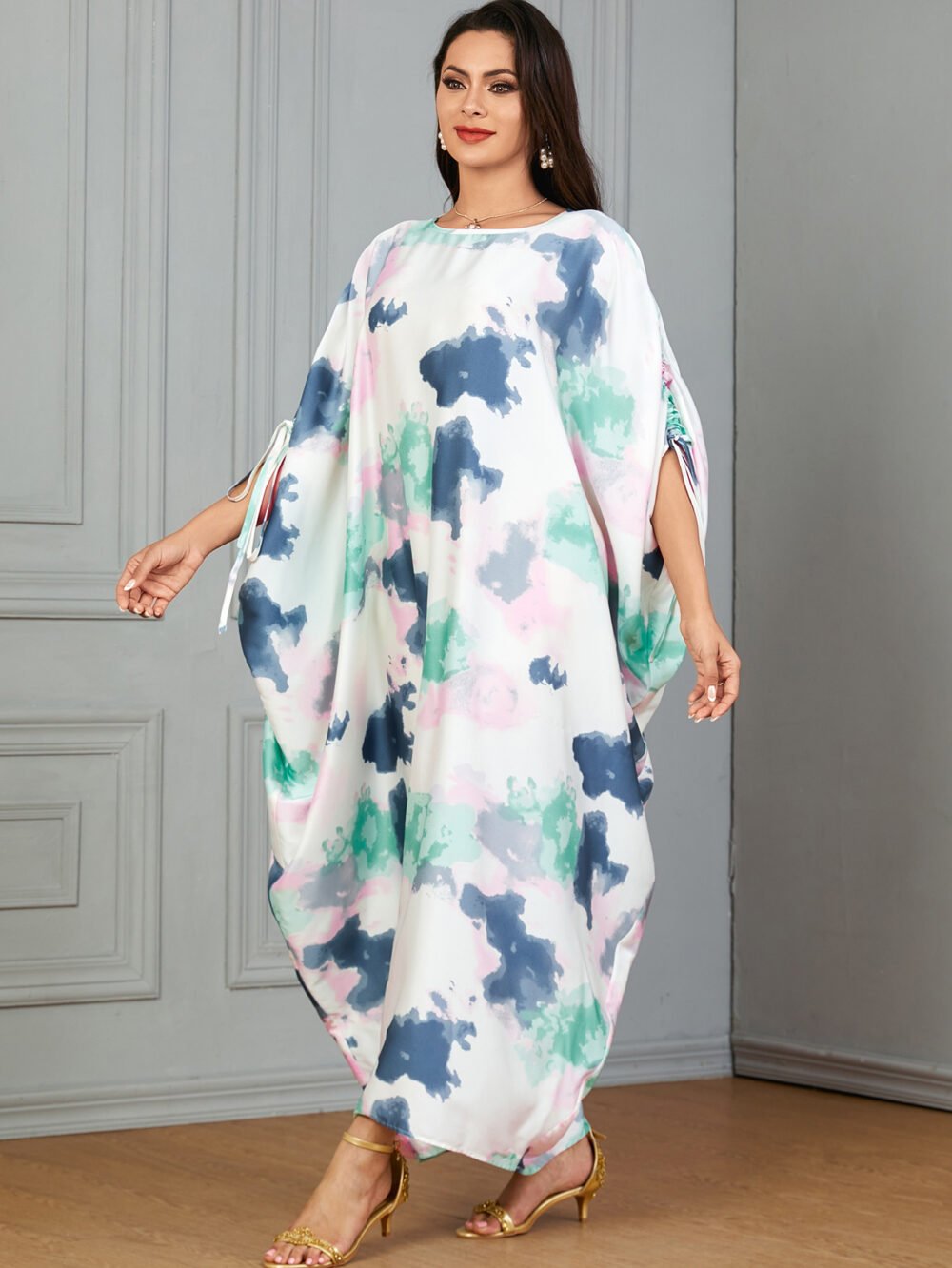 Drawstring Printed Kaftan Dress