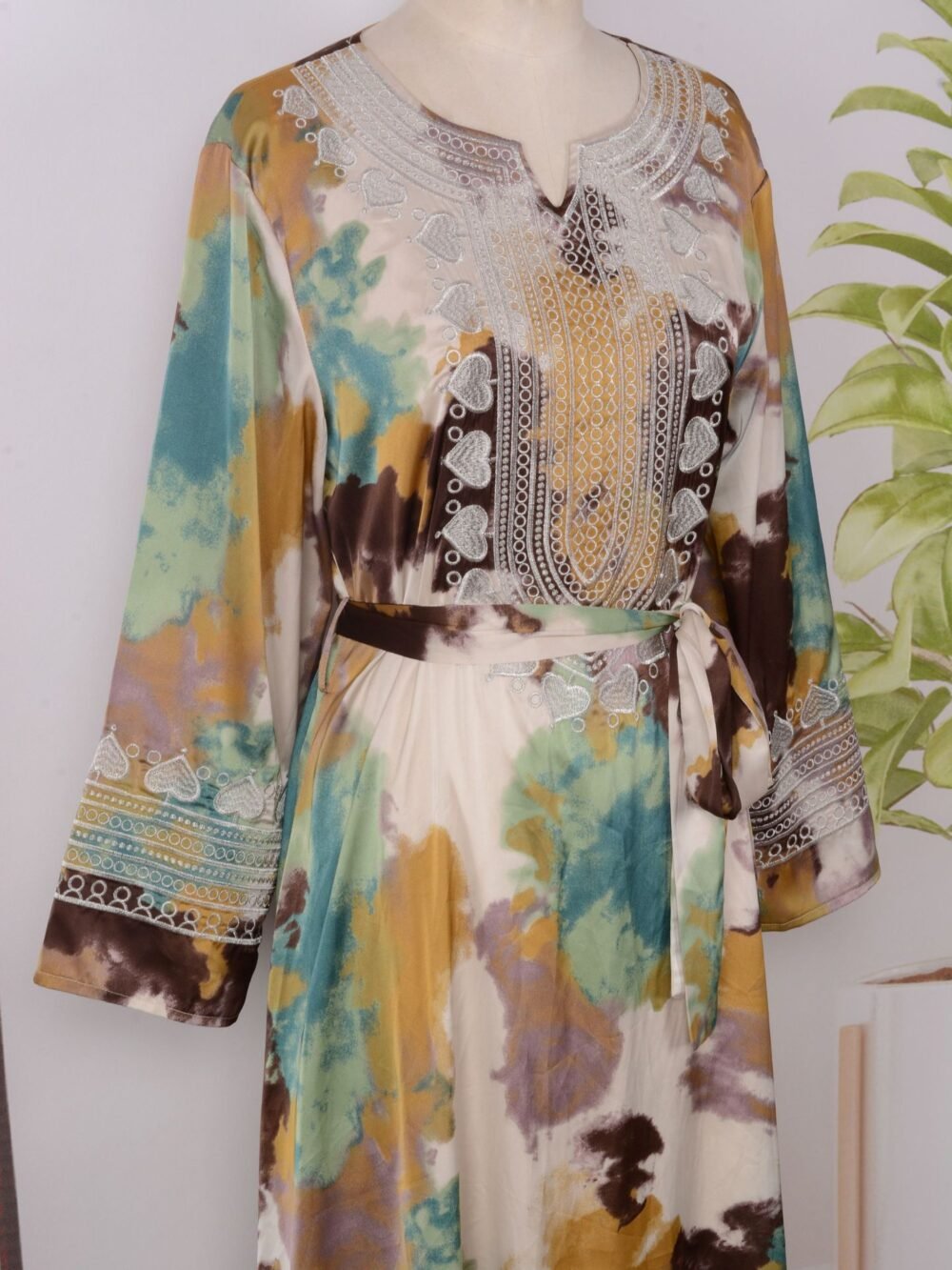 Notched Collar Floral Printed Embroidered Muslim Abaya Dress