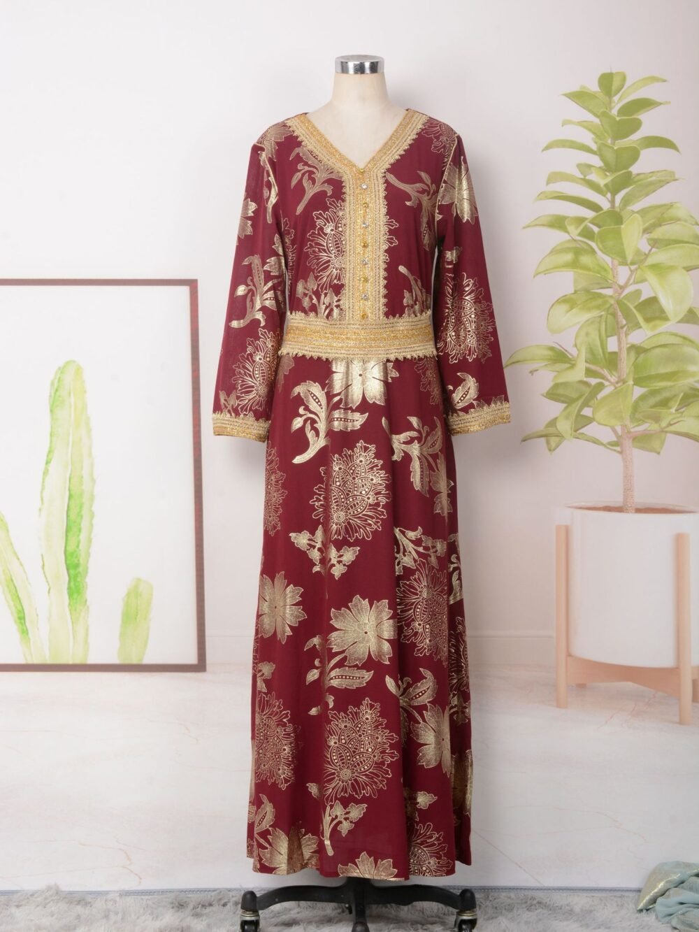 Gold Foil Belted Kaftan Dress