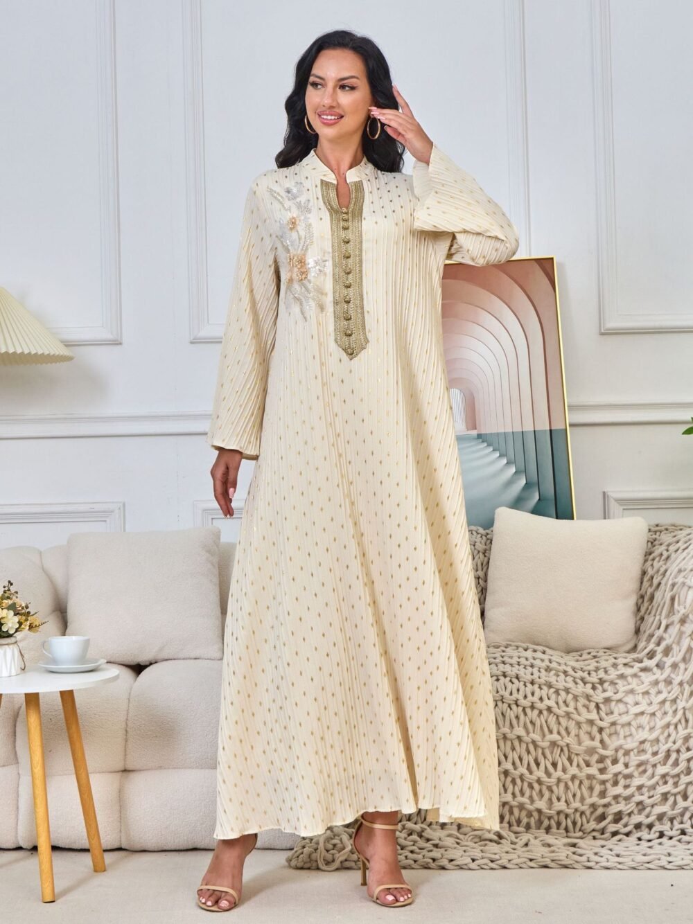 V Notched Collar Beaded Muslim Caftan Dress