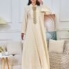 V Notched Collar Beaded Muslim Caftan Dress