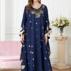 Gold Foil Long Sleeve Blue Sequin Cotton Kaftan Robe