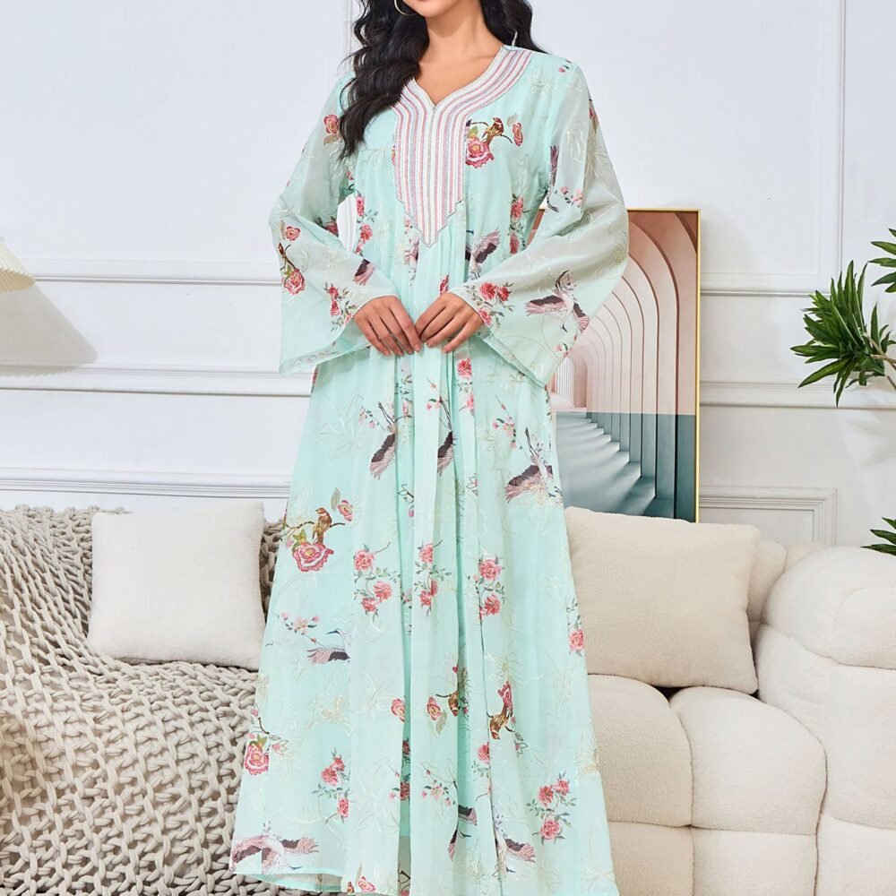 Mint Green Chiffon Embroidered Kaftan Dress